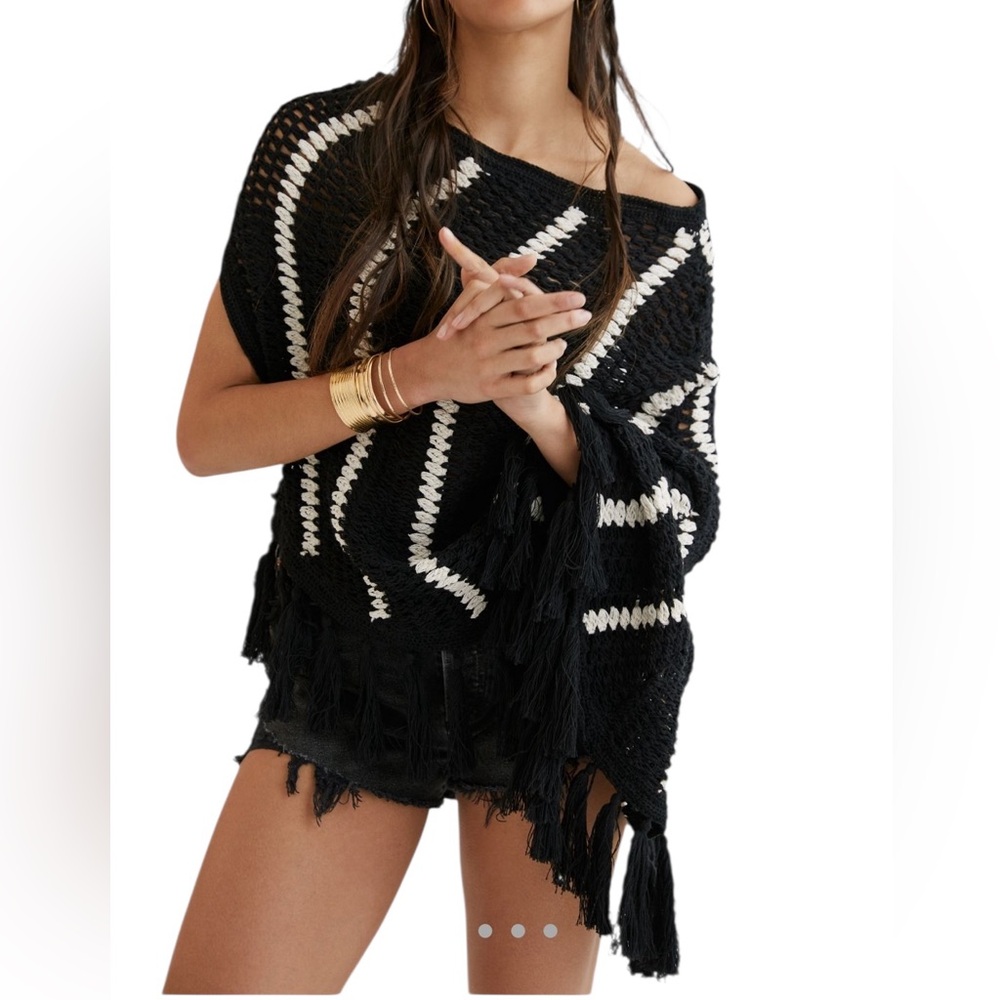 NEW Anthropologie Womens Black Crochet One Shoulder Poncho Fringe Coverup Top